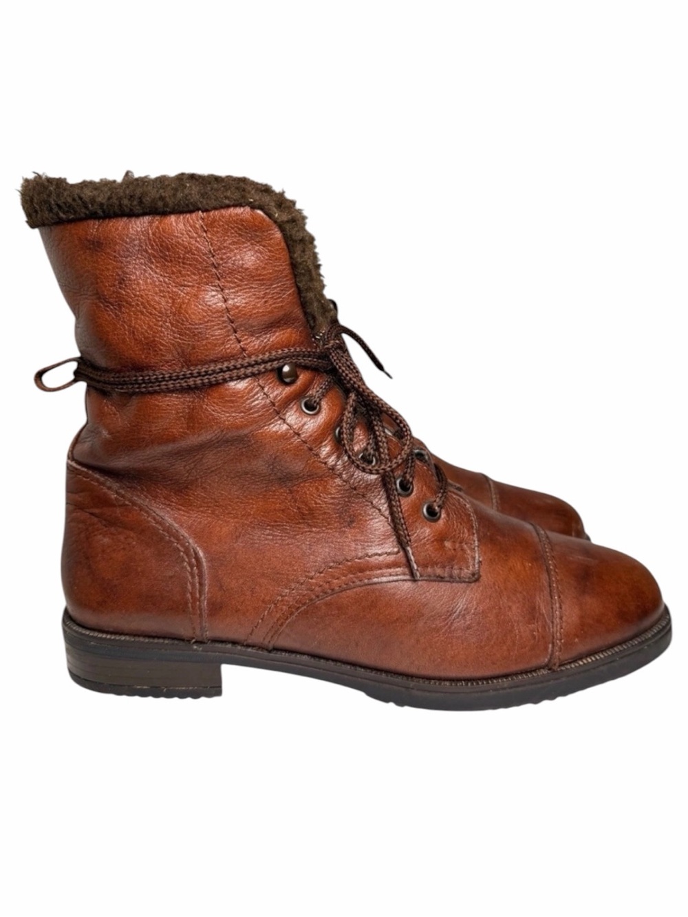 Italian Leather Shearling Lined Lace Up Combat Boots Brown EU 40 US 9